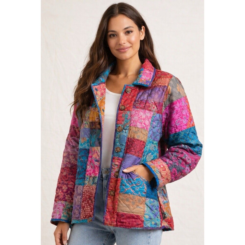 ARTEZEN REVERSIBLE  XL SILK QUILT-PATCHWORK JACKET LIGHTWEIGHT COTTAGECORE  BOHO